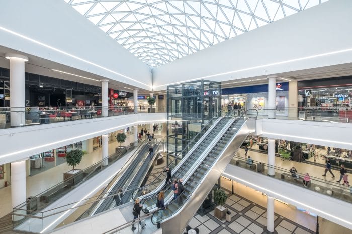 Minsk, Belarus May 2020: Huge Empty Shopping Mall. Social Dista